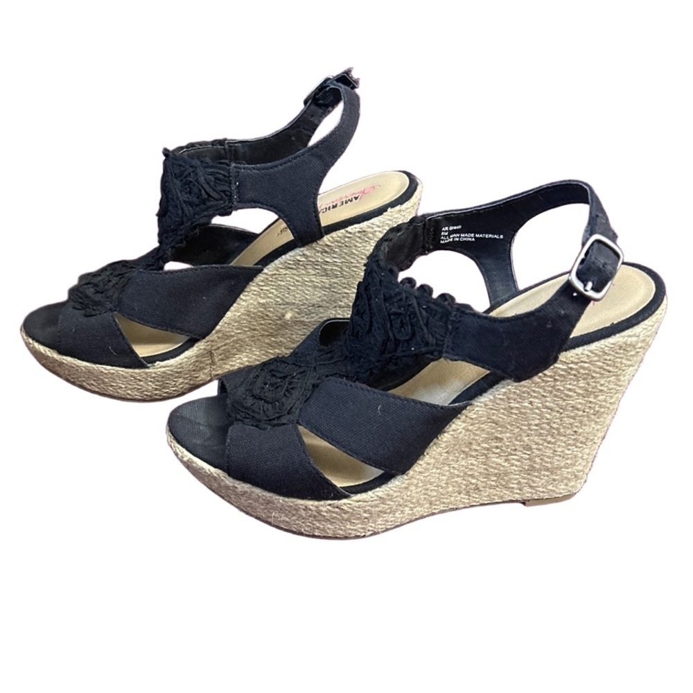 American Rag black and tan wedge sandals size 8